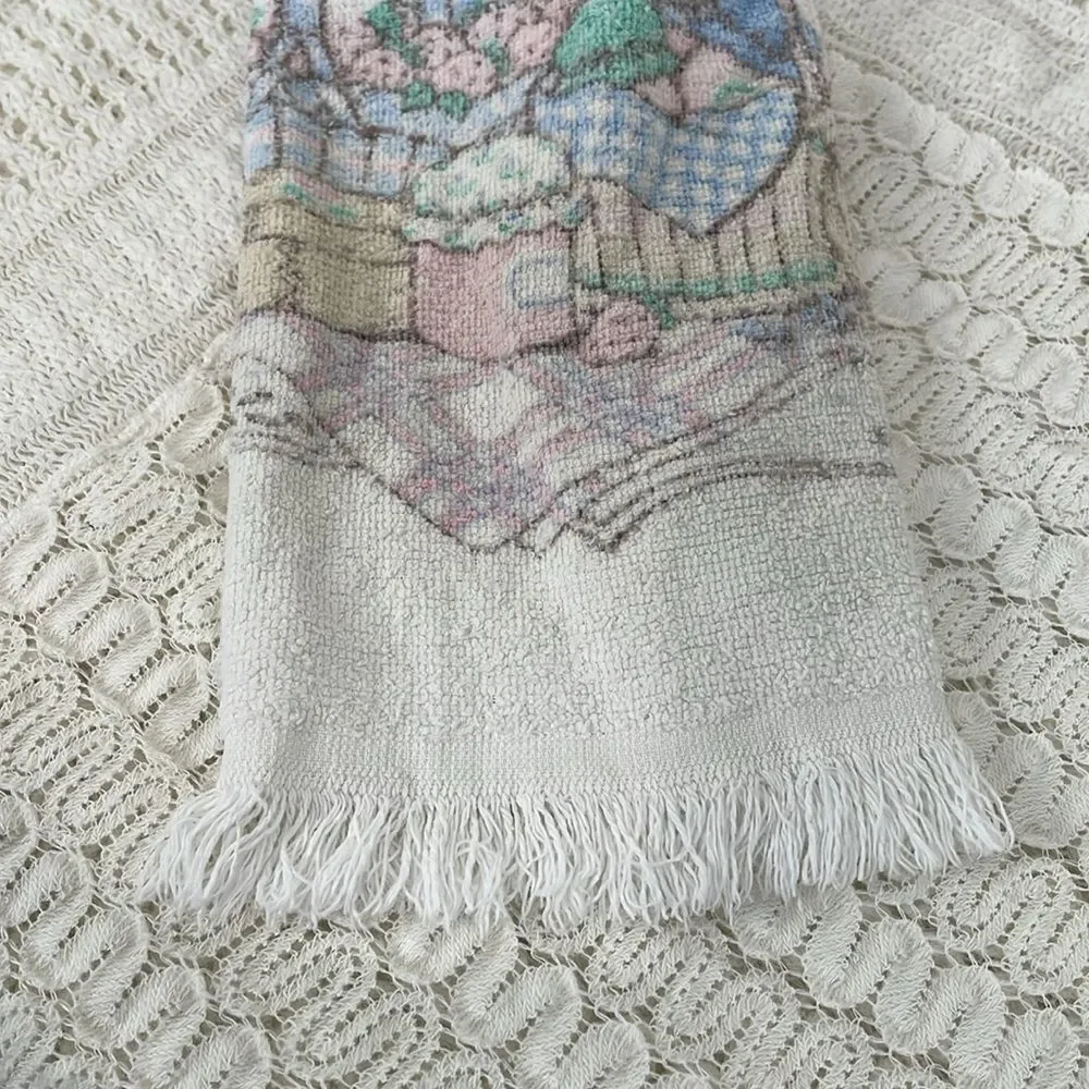 Vintage Tea Towel Crocheted Hanger Button Strawberry Basket White